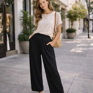 EE:Some Anthropologie Black Smocked Waist High Rise Wide Leg Pants Medium boho